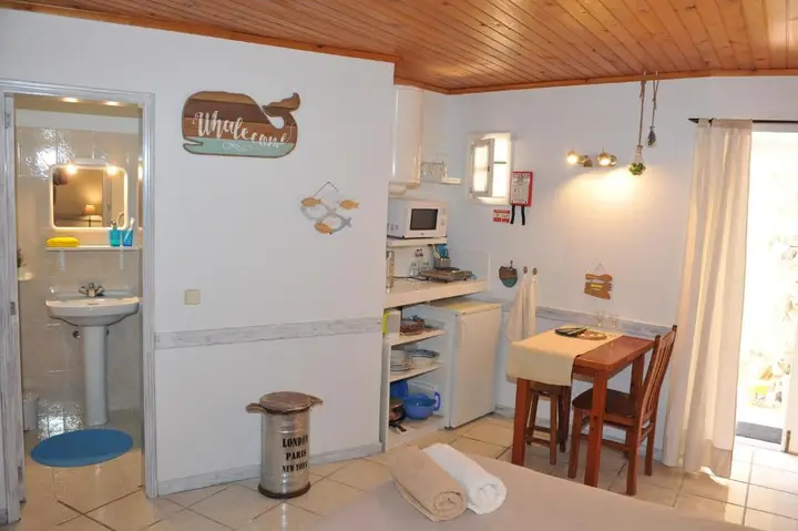 Studio kitchenette, with a table for two and the bathroom beside it